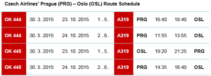 Ruteplan for direkteflyvningene mellom Oslo og Praha sommeren 2015 (csa.cz)