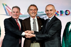 From left James Hogan, President and Chief Executive Officer of Etihad Aviation Group and Vice Chairman of Alitalia, Luca di Montezemolo, Chairman of Alitalia and Silvano Cassano, Chief Executive Officer of Alitalia (AI/ET) 
