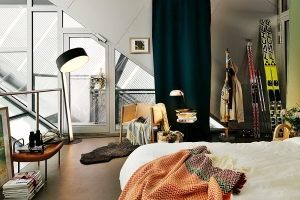 Norsk design preger møbler, stoff og tilbehør i hopptårnet. (Foto: Felix Odell, (c) 2015 Airbnb Inc)