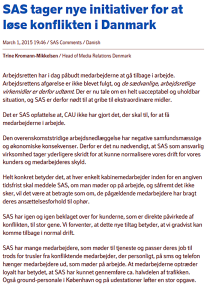 Screenshot/faksimilie av pressemelding fra SAS , søndag 1. mars 2015. Dobbeltklikk for større versjon av bildet (kilde: sasgroup.net)